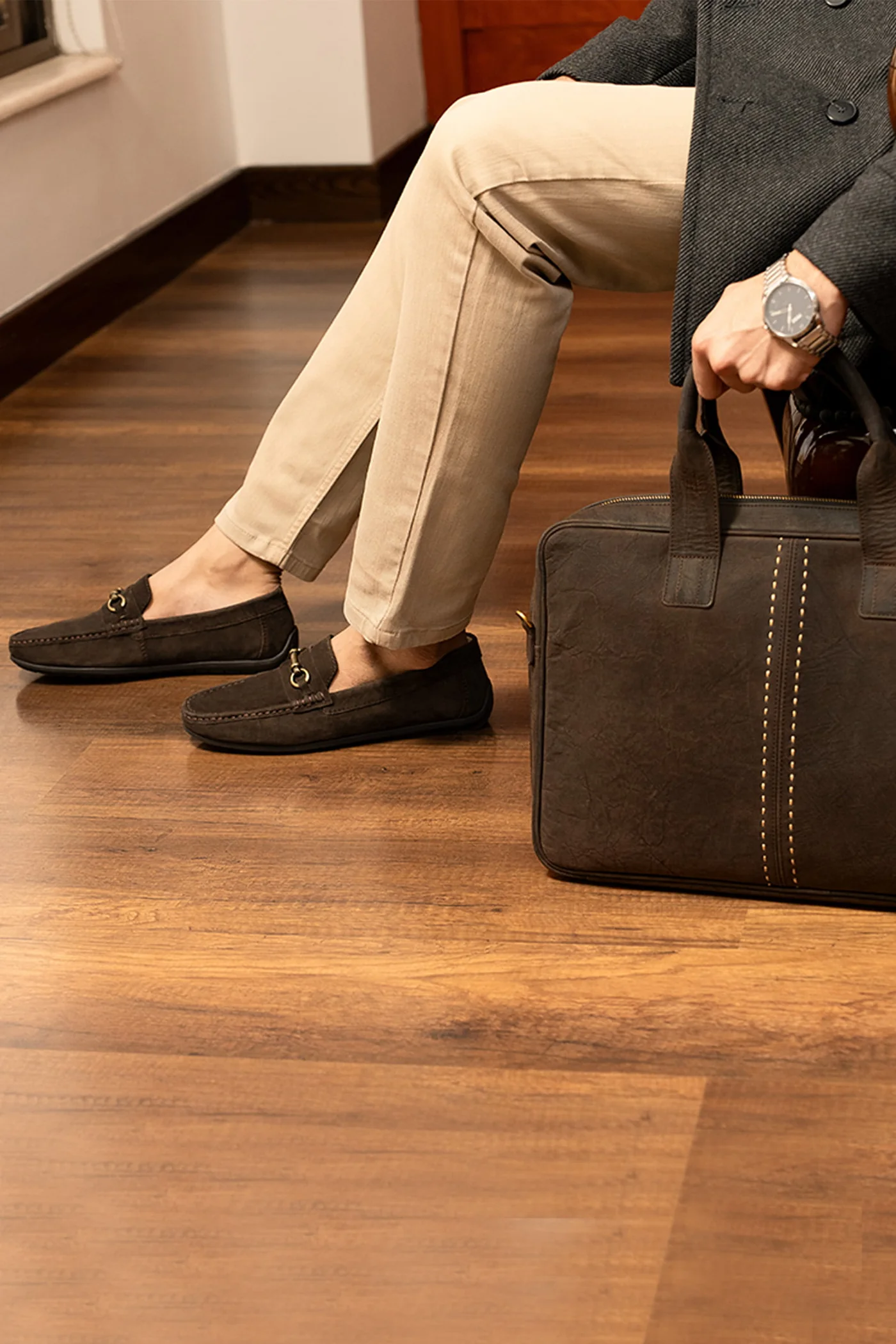 bowman mens suede leather moccasin dark cocoa matching leather laptop bag side view julke bowman mens suede leather moccasin dark cocoa matching leather laptop bag side view julke