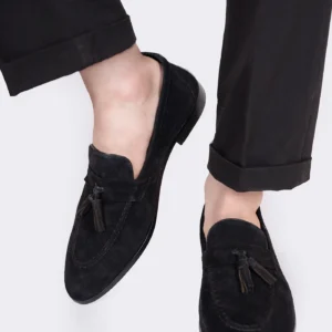 camelot mens leather suede slip on shoes black tassels front view julke