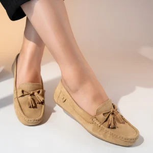 lou women winter suede leather moccasins khaki canvas tassel twist bow three quarter view julke