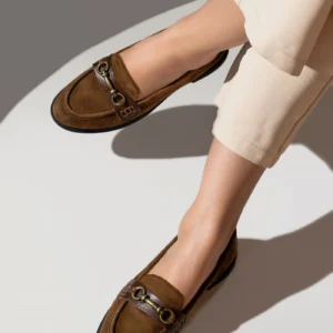 olga women suede leather loafers tan block heel top view julke
