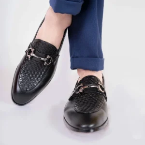 rcokford mens leather slip on shoes black weaving buckle front view julke