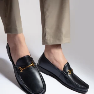 roberto mens leather moc shoe black leather sole gold metal horsebit buckle side view julke