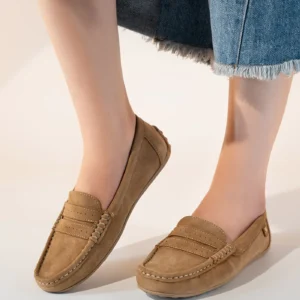tabby women winter suede leather moccasins sandy brown top view julke