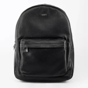terrance mens soft leather backpack black curve top multi pocket shoulder straps front view