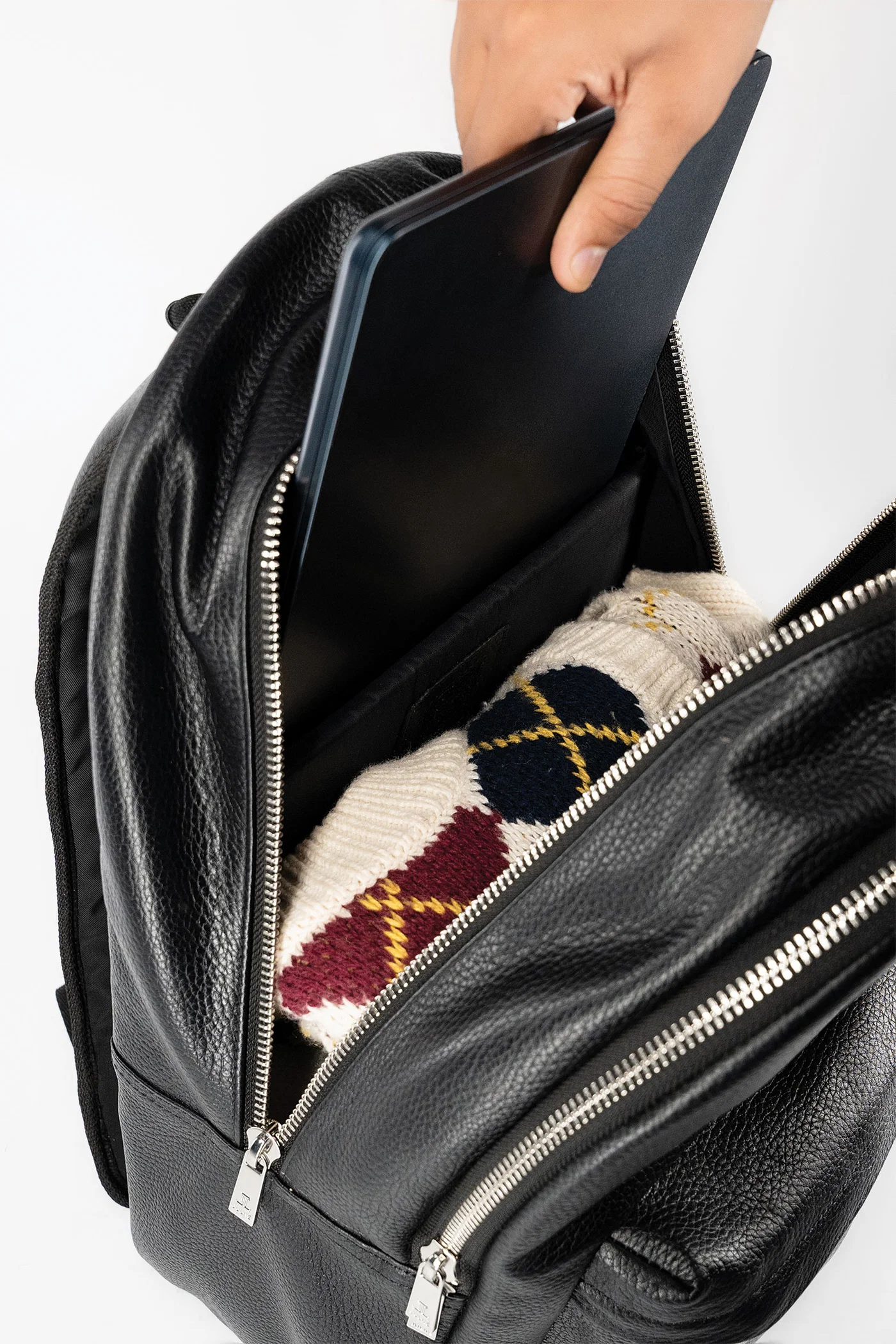 terrance mens soft leather backpack black curve top multi pocket shoulder straps laptop pocket inside view terrance mens soft leather backpack black curve top multi pocket shoulder straps laptop pocket inside view