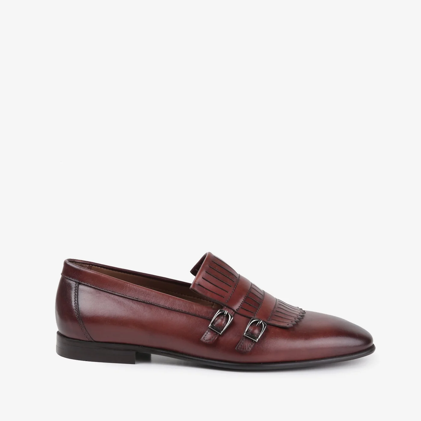 valiant mens leather shoes rust double monk strap laser cut fringe side view julke valiant mens leather shoes rust double monk strap laser cut fringe side view julke