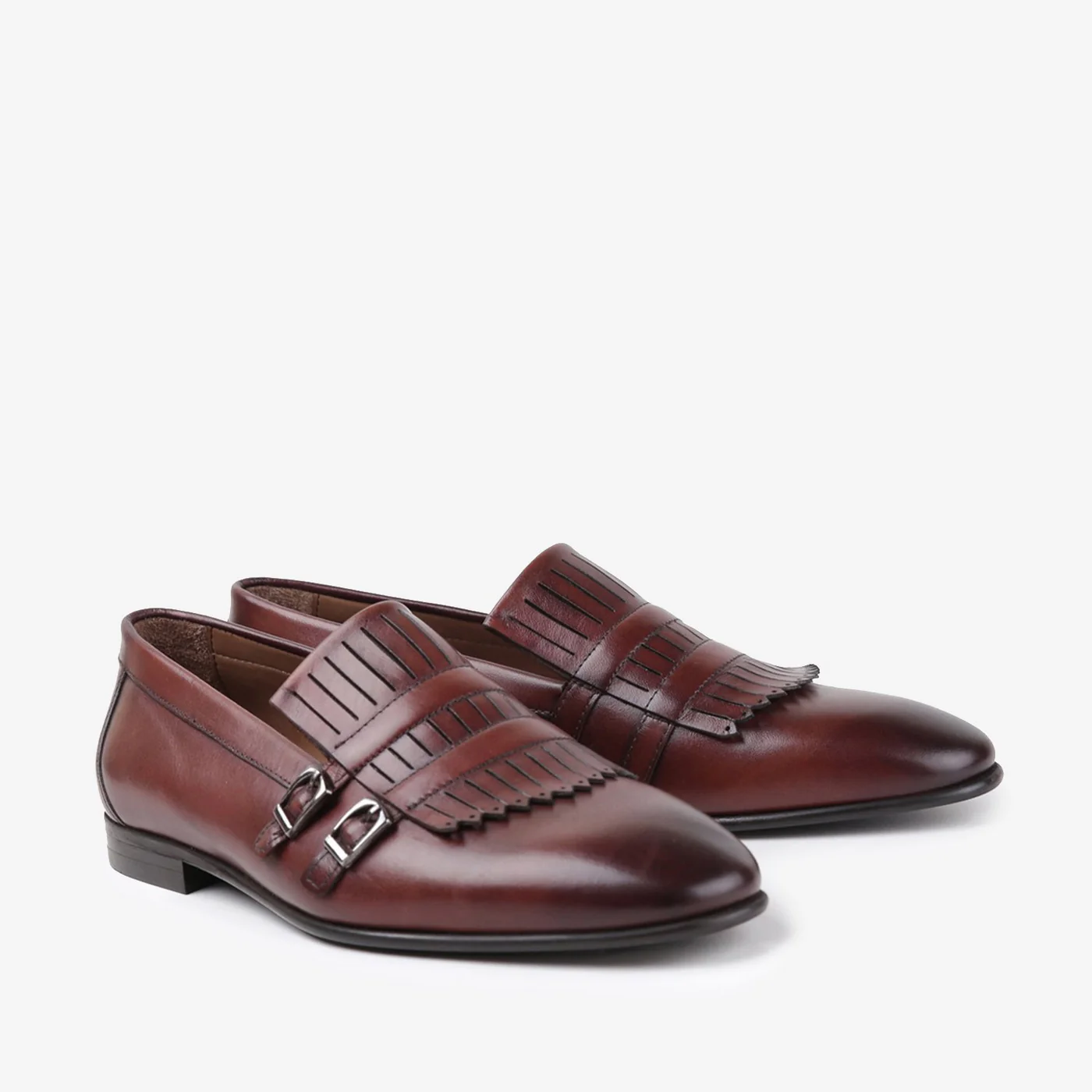 valiant mens leather shoes rust double monk strap laser cut fringe three quarter view julke valiant mens leather shoes rust double monk strap laser cut fringe three quarter view julke