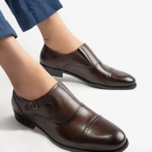 Boots emerson mens original leather shoes dark brown monk strap three quarter view julke